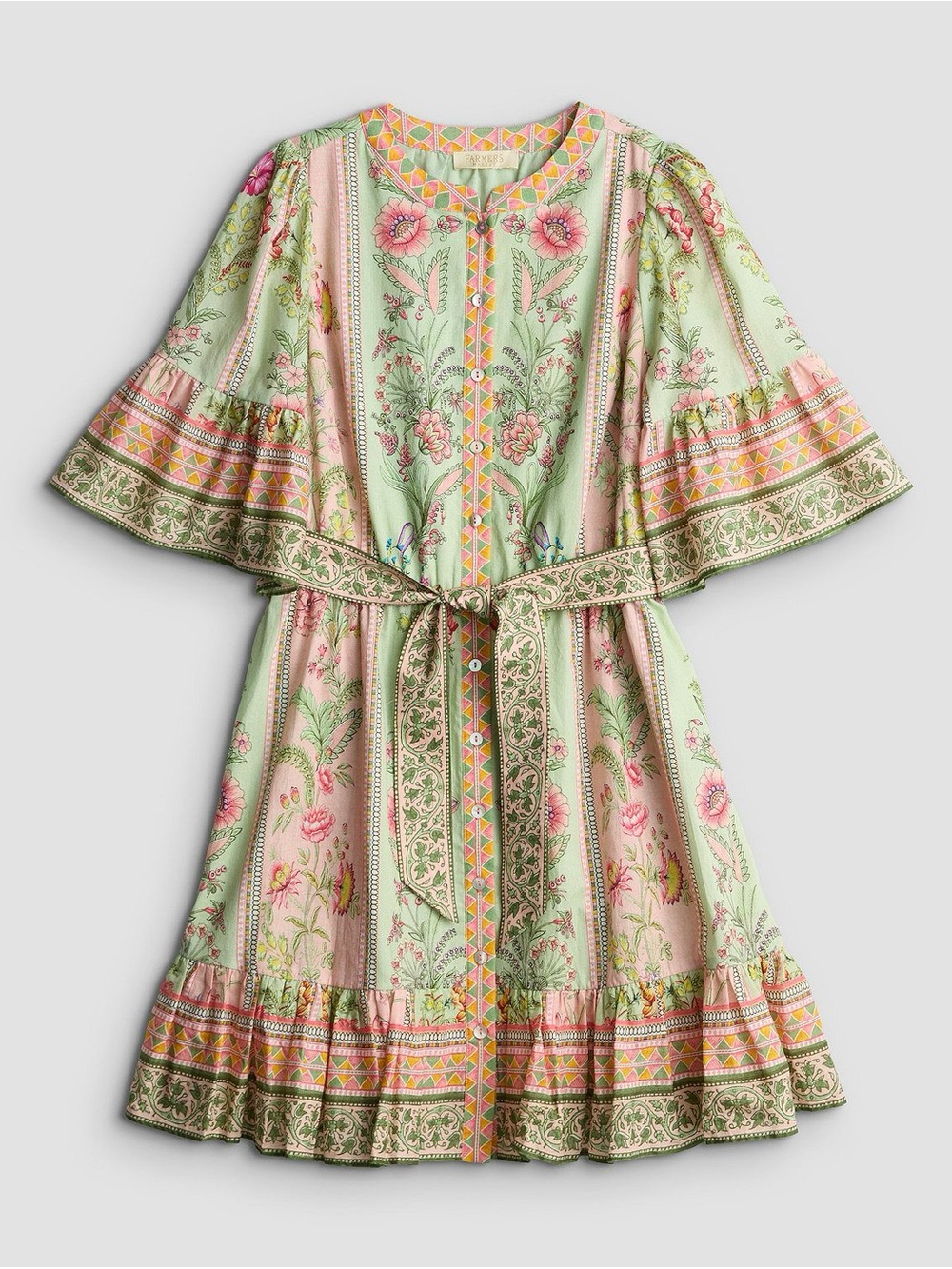 Farmers Market Women's Bell Sleeve Belted Mini Dress Pink Green Floral - Size M
